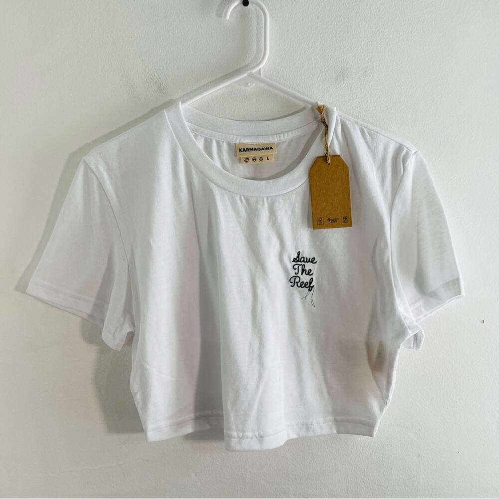 NWT Karmagawa Save The Reef White Black Embroidered Short Sleeve Crop Top Large